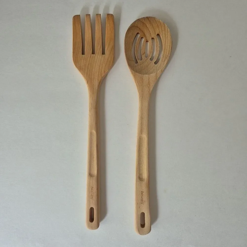 Bisetti Natural Wood Slotted Spoon and Fork Set Kitchen Utensils 13 IN Italy